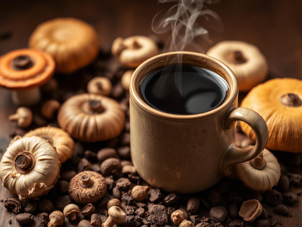 A cup of coffee surrounded by mushrooms